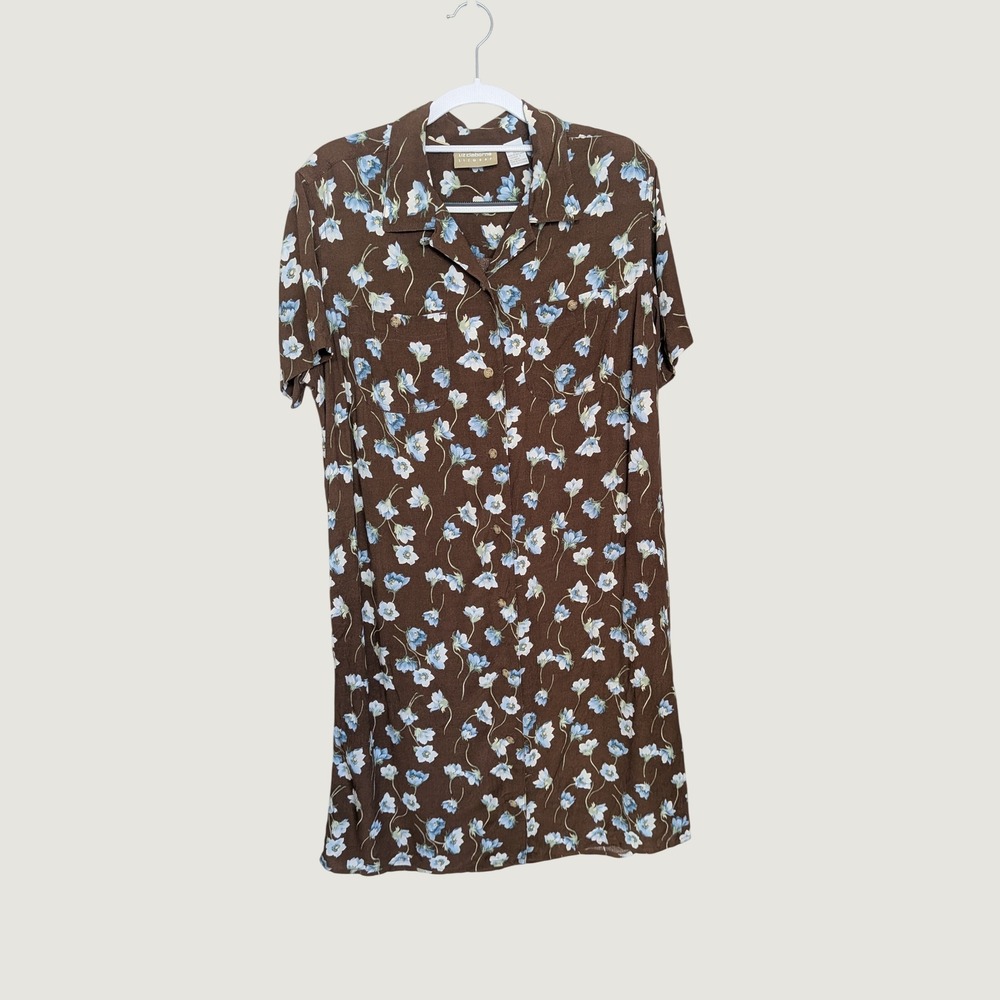 Liz Claiborne Lizwear Vintage 90s Cottagecore Brown Floral Rayon Shirt Dress 12